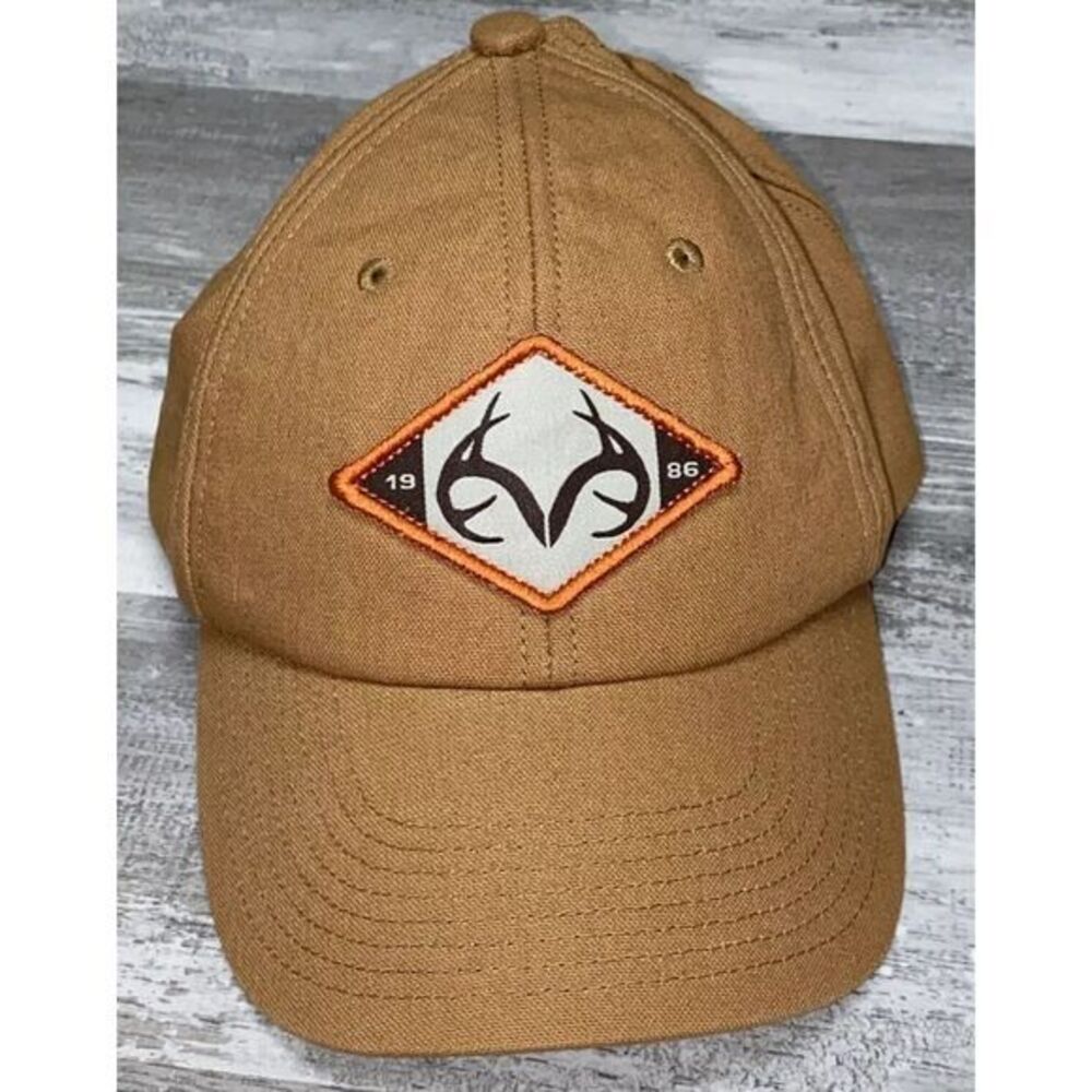 Realtree  Brand Tan Brown Cap Hat 1986 Antler‎ Logo Adjustable Hunting EUC